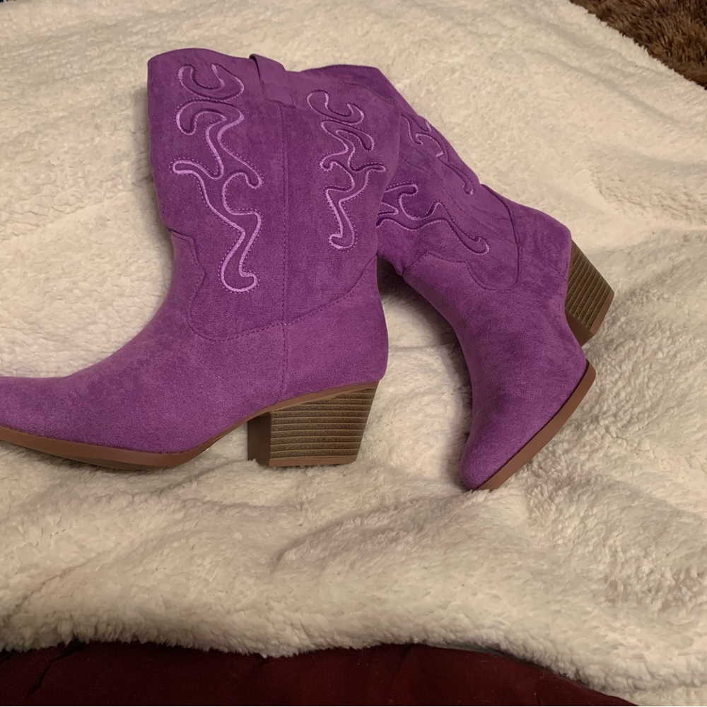 Vibrant Purple Suede Heeled Boots